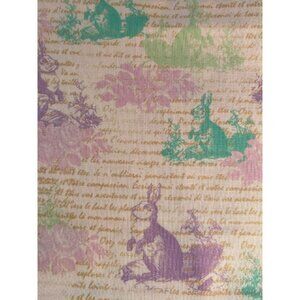 Fabric - Vintage Pastel Rabbit Bunnies Cursive Calligraphy Foliage 36" L x 44" W